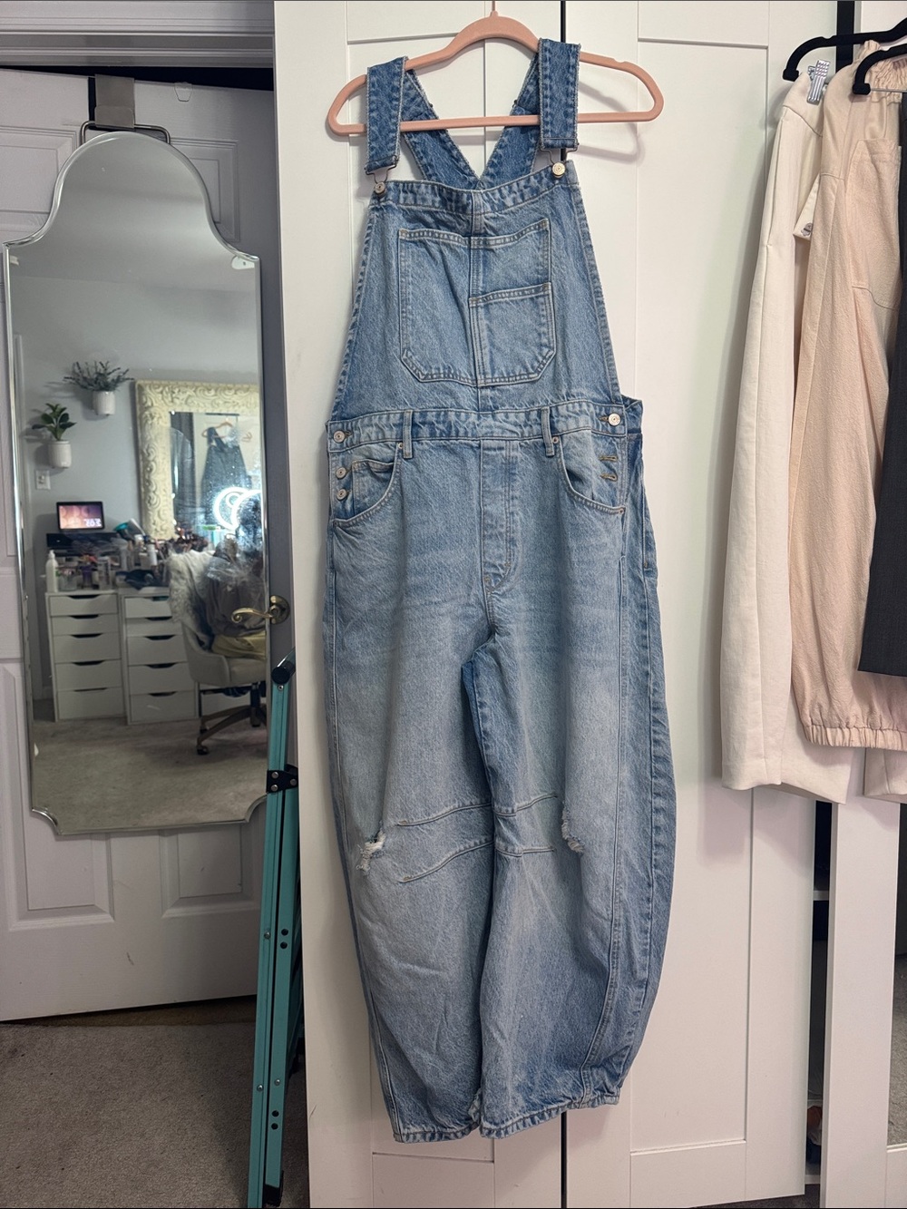 Free People Light Blue Denim Barrel Overalls